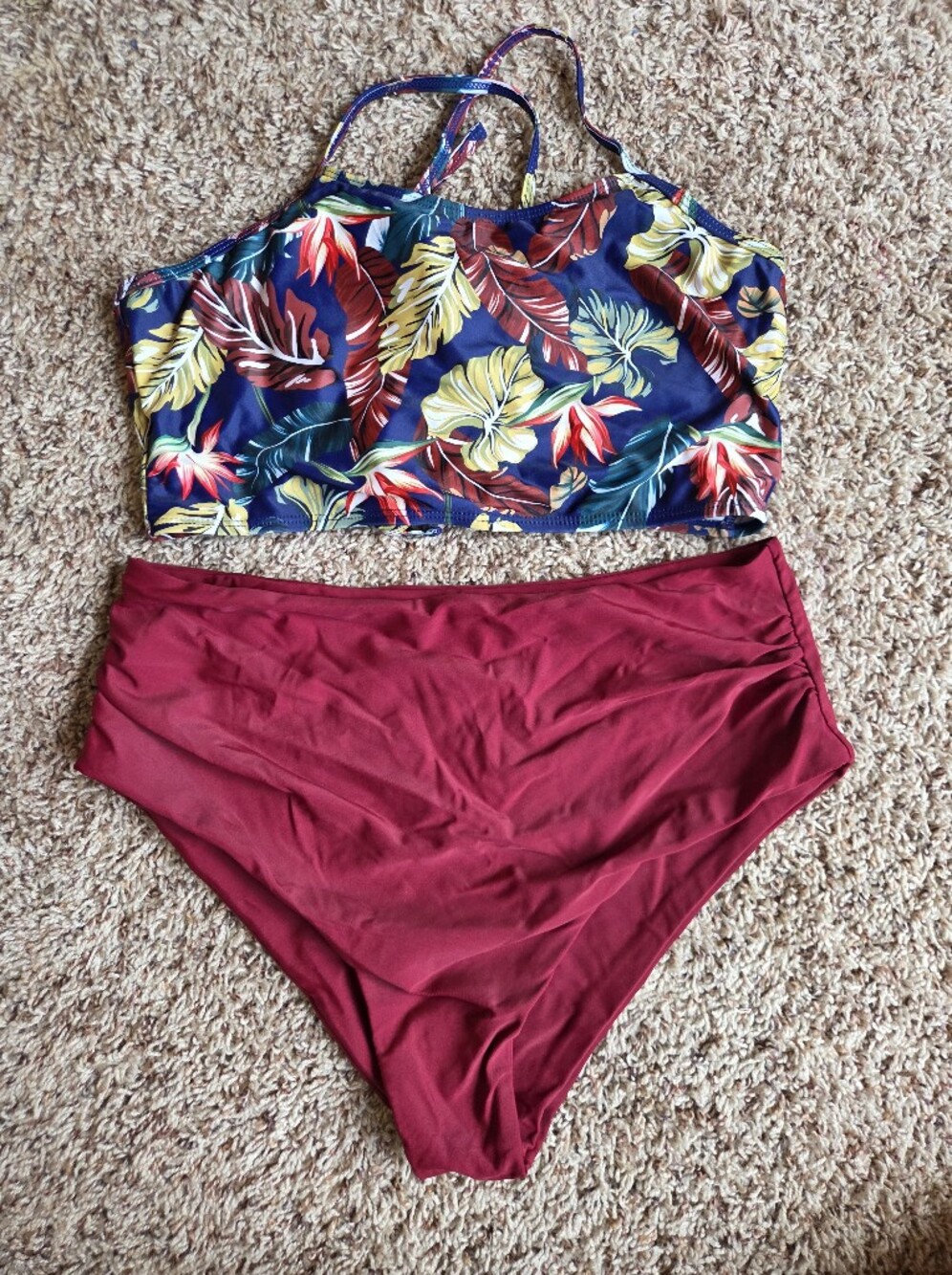 Zaful Burgundy High-Waist Maxi Swim Bottom with Tropical Top